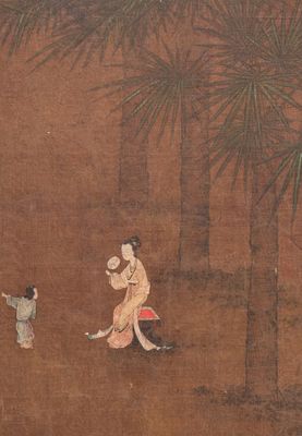 Ecole chinoise: 'Dame au servant', encre et couleurs sur soie, Ming