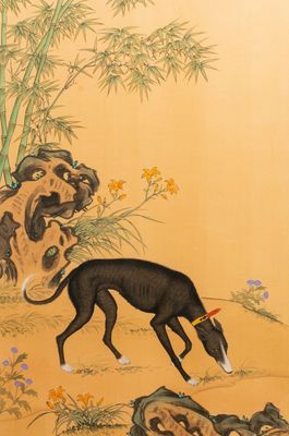 Ecole chinoise, d'après Lang Shining, encre et couleurs sur soie, 19/20ème: 'Portrait d'un chien'