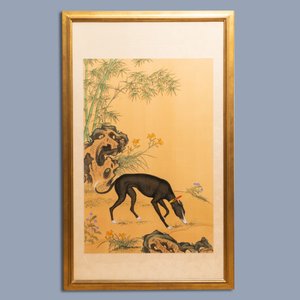 Ecole chinoise, d'après Lang Shining, encre et couleurs sur soie, 19/20ème: 'Portrait d'un chien' — photo 2