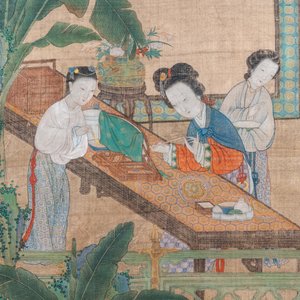 Ecole chinoise, d'après Li Gonglin, encre et couleurs sur soie: 'Dame à son table de maquillage', 17/18ème — photo 4