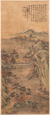 Ecole chinoise, d'après Qiu Ying (c.1494-1551/52), encre et couleurs sur soie: 'paysage montagneux', daté 1545