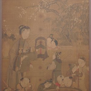 Ecole chinoise, d'après Su Hanchen (1094-1172), encre et couleurs sur soie: dame et enfants autour d'un aquarium — photo 1