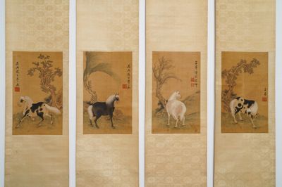 Ecole chinoise, d'après Zhao Mengfu (1254-1322), encre et couleurs sur soie, 19/20ème: 'Quatre chevaux'
