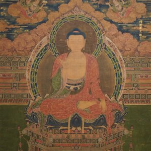 Ecole chinoise, daté 1454, encre et couleurs sur soie: Portrait du Bouddha Shakyamuni — photo 1