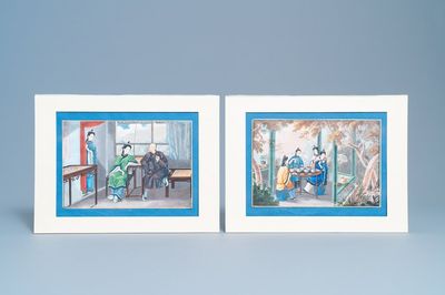 Ecole chinoise de Canton, aquarelle sur papier, 18/19ème: 'Un fumeur d'opium' et 'Le déjeuner des dames'