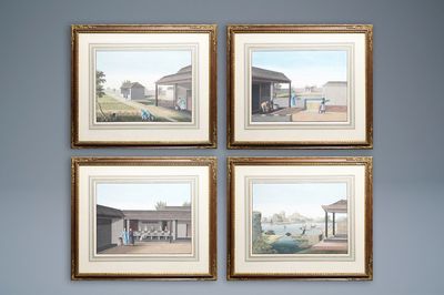 Ecole chinoise de Canton, aquarelle sur papier, 19ème: Quatre scènes sur la production du thé