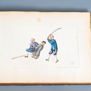 Ecole chinoise de Canton, encre et couleurs sur papier, 19ème: album de 29 paysages et scènes de punitions — photo 13