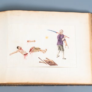 Ecole chinoise de Canton, encre et couleurs sur papier, 19ème: album de 29 paysages et scènes de punitions — photo 21