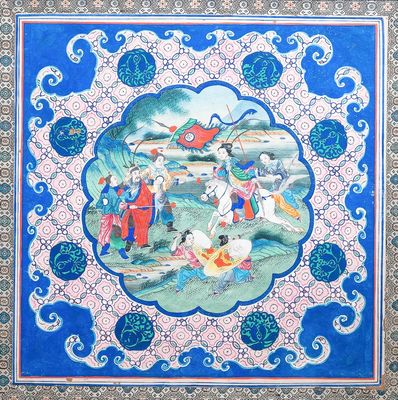 Ecole chinoise de Canton, encre et couleurs sur papier, 19ème: 'Deux cavalières en bataille'