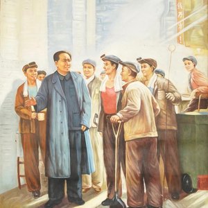 Ecole chinoise de la Révolution Culturelle: Le président Mao parle à un groupe d'ouvriers, huile sur toile, 3ème quart du 20ème — photo 1