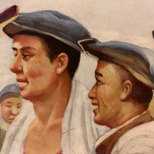 Ecole chinoise de la Révolution Culturelle: Le président Mao parle à un groupe d'ouvriers, huile sur toile, 3ème quart du 20ème — photo 13
