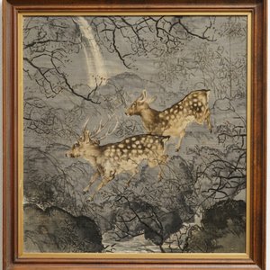 Ecole chinoise: Deux daims gambadant, encre et couleur sur tissu, 20ème — photo 1