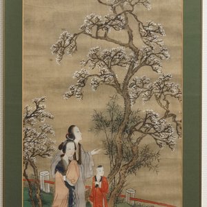 Ecole chinoise: Deux paysages aux femmes et pivoines, encre et couleur sur soie, 18/19ème — photo 3