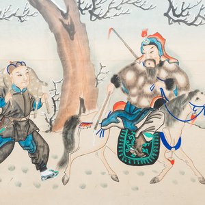 Ecole chinoise, encre et couleurs sur papier, 19/20ème: 'Deux scènes de chasse aux chevaux' — photo 1