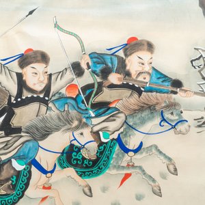 Ecole chinoise, encre et couleurs sur papier, 19/20ème: 'Deux scènes de chasse aux chevaux' — photo 5
