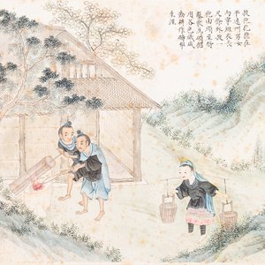 Ecole chinoise, encre et couleurs sur papier, 19ème: 'Deux scènes aux figures dans un paysage' — photo 3