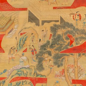 Ecole chinoise, encre et couleurs sur papier: 'Caractère Shou aux immortels', 19ème — photo 3