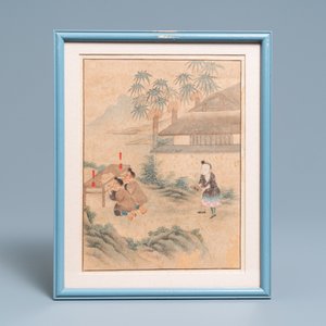 Ecole chinoise, encre et couleurs sur papier: Cinq scènes aux garçons, 18/19ème — photo 6
