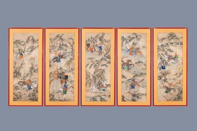 Ecole chinoise, encre et couleurs sur papier: 'Cinq scènes de chasse', 19ème