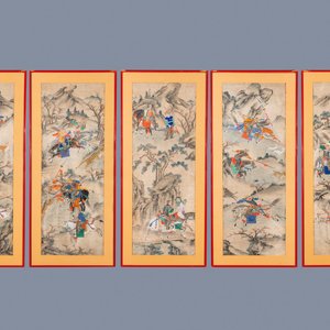 Ecole chinoise, encre et couleurs sur papier: 'Cinq scènes de chasse', 19ème — photo 1
