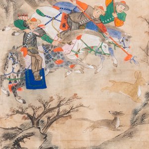 Ecole chinoise, encre et couleurs sur papier: 'Cinq scènes de chasse', 19ème — photo 2