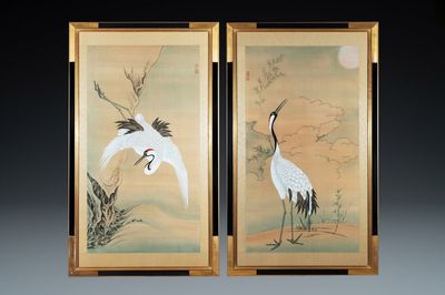 Ecole chinoise, encre et couleurs sur papier: 'Deux grues', 20ème