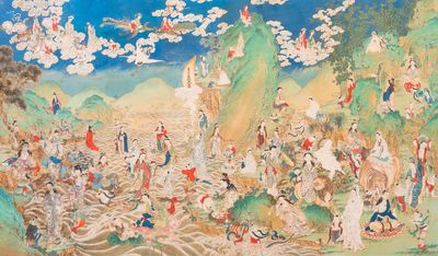 Ecole chinoise, encre et couleurs sur papier: 'Paysage montagneux figurant des déesses, des animaux mythiques et des garçons', 19/20ème