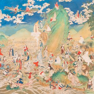 Ecole chinoise, encre et couleurs sur papier: 'Paysage montagneux figurant des déesses, des animaux mythiques et des garçons', 19/20ème — photo 1