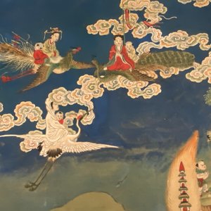Ecole chinoise, encre et couleurs sur papier: 'Paysage montagneux figurant des déesses, des animaux mythiques et des garçons', 19/20ème — photo 12