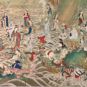 Ecole chinoise, encre et couleurs sur papier: 'Paysage montagneux figurant des déesses, des animaux mythiques et des garçons', 19/20ème — photo 16