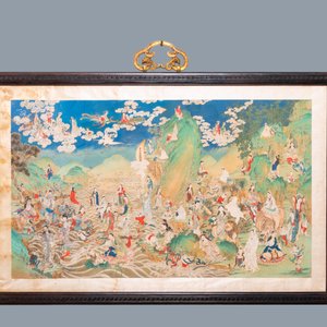 Ecole chinoise, encre et couleurs sur papier: 'Paysage montagneux figurant des déesses, des animaux mythiques et des garçons', 19/20ème — photo 2
