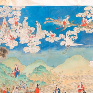 Ecole chinoise, encre et couleurs sur papier: 'Paysage montagneux figurant des déesses, des animaux mythiques et des garçons', 19/20ème — photo 3