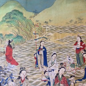 Ecole chinoise, encre et couleurs sur papier: 'Paysage montagneux figurant des déesses, des animaux mythiques et des garçons', 19/20ème — photo 33