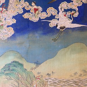 Ecole chinoise, encre et couleurs sur papier: 'Paysage montagneux figurant des déesses, des animaux mythiques et des garçons', 19/20ème — photo 34