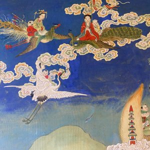 Ecole chinoise, encre et couleurs sur papier: 'Paysage montagneux figurant des déesses, des animaux mythiques et des garçons', 19/20ème — photo 36