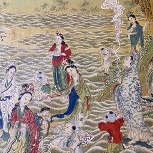 Ecole chinoise, encre et couleurs sur papier: 'Paysage montagneux figurant des déesses, des animaux mythiques et des garçons', 19/20ème — photo 39