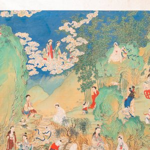 Ecole chinoise, encre et couleurs sur papier: 'Paysage montagneux figurant des déesses, des animaux mythiques et des garçons', 19/20ème — photo 4