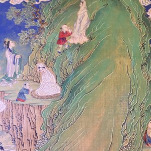 Ecole chinoise, encre et couleurs sur papier: 'Paysage montagneux figurant des déesses, des animaux mythiques et des garçons', 19/20ème — photo 47