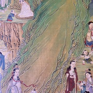 Ecole chinoise, encre et couleurs sur papier: 'Paysage montagneux figurant des déesses, des animaux mythiques et des garçons', 19/20ème — photo 48