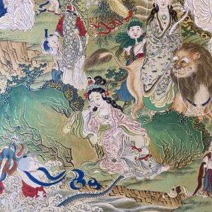 Ecole chinoise, encre et couleurs sur papier: 'Paysage montagneux figurant des déesses, des animaux mythiques et des garçons', 19/20ème — photo 52
