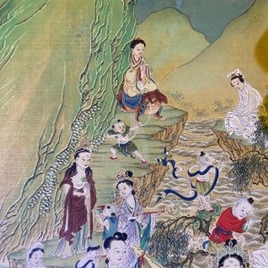 Ecole chinoise, encre et couleurs sur papier: 'Paysage montagneux figurant des déesses, des animaux mythiques et des garçons', 19/20ème — photo 54