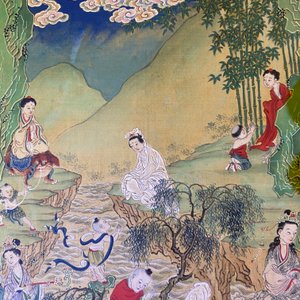 Ecole chinoise, encre et couleurs sur papier: 'Paysage montagneux figurant des déesses, des animaux mythiques et des garçons', 19/20ème — photo 59