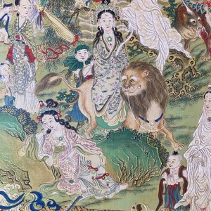 Ecole chinoise, encre et couleurs sur papier: 'Paysage montagneux figurant des déesses, des animaux mythiques et des garçons', 19/20ème — photo 62