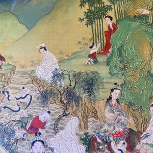 Ecole chinoise, encre et couleurs sur papier: 'Paysage montagneux figurant des déesses, des animaux mythiques et des garçons', 19/20ème — photo 66