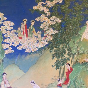Ecole chinoise, encre et couleurs sur papier: 'Paysage montagneux figurant des déesses, des animaux mythiques et des garçons', 19/20ème — photo 67