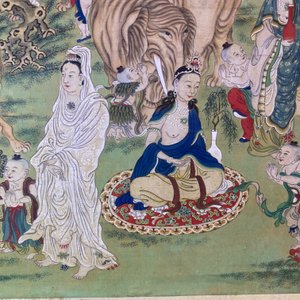 Ecole chinoise, encre et couleurs sur papier: 'Paysage montagneux figurant des déesses, des animaux mythiques et des garçons', 19/20ème — photo 73
