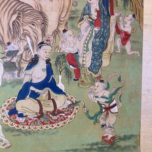 Ecole chinoise, encre et couleurs sur papier: 'Paysage montagneux figurant des déesses, des animaux mythiques et des garçons', 19/20ème — photo 74