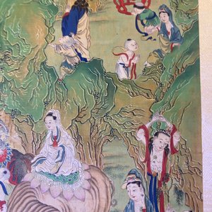 Ecole chinoise, encre et couleurs sur papier: 'Paysage montagneux figurant des déesses, des animaux mythiques et des garçons', 19/20ème — photo 76