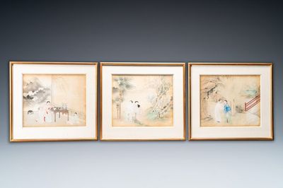 Ecole chinoise, encre et couleurs sur papier: trois scènes narratives, 19ème