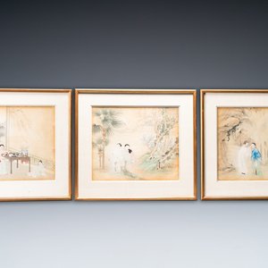 Ecole chinoise, encre et couleurs sur papier: trois scènes narratives, 19ème — photo 1